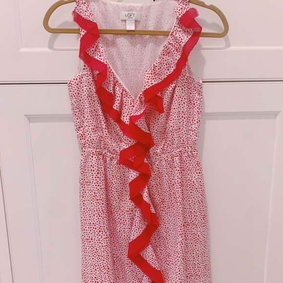 HOT PINK/FUCHSIA/WHITE💖ANN TAYLOR/LOFT PETITES XSP SILK RUFFLE MINI DRESS - Picture 3 of 9